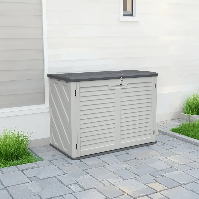 Remise de rangement horizontale, coffre de terrasse extérieur de 28 pieds cubes avec conception verrouillable, armoire de rangement en plastique PEHD résistant aux intempéries pour le patio, le jardin et la cour