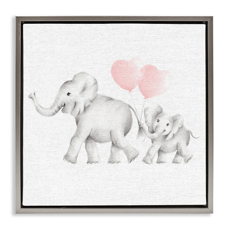 Famille d'éléphants avec des ballons roses, Cadre flottant gris lustré, H 18 po x l 18 po