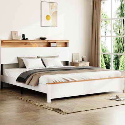 Très grand cadre de lit très grand avec lumières à DEL, charge intégrée et de type C, lattes en métal, rangement sous le comptoir et charge rustique de 800 lb pour la station de charge de la chambre à coucher, éclairage, rangement robuste