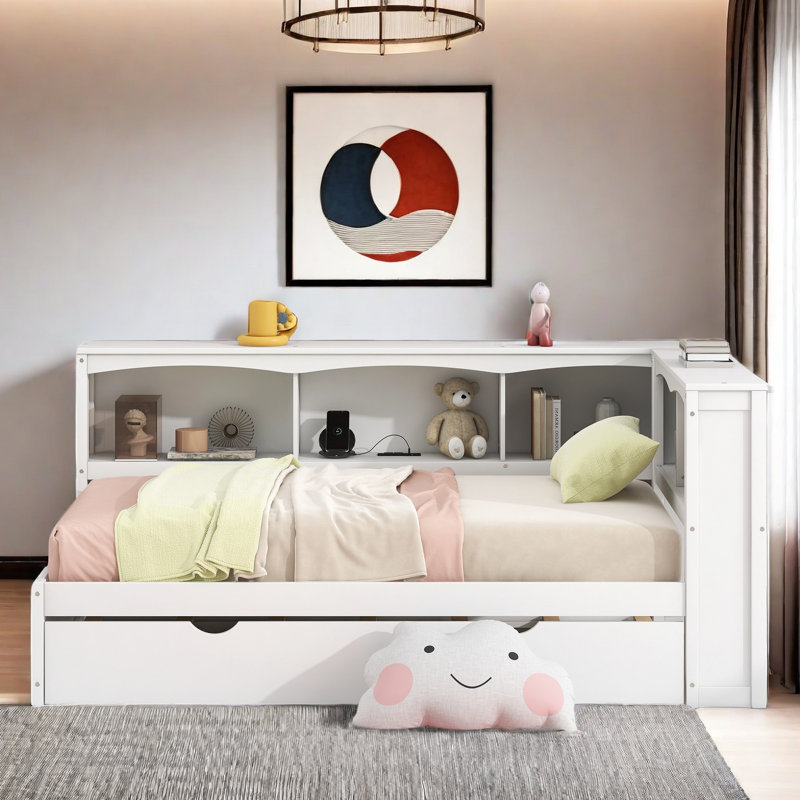 Modern Daybed With Trundle, Storage Cabinets And Usb Ports, White