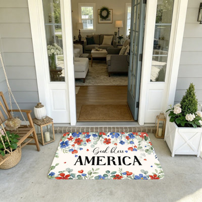 Tapis de bienvenue God Bless America à motif floral bleu, 20 x 32 po
