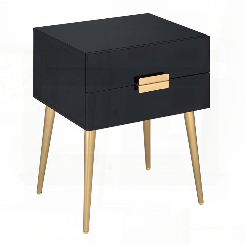 Black and Gold Side Table with 2 Drawers – Tapered Gold Legs, Black/Gold