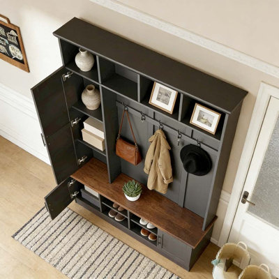 3-in-1 Hall Tree with 6 Hooks, Farmhouse Walnut Storage Bench with Adjustable Shelves by Red Barrel Studio