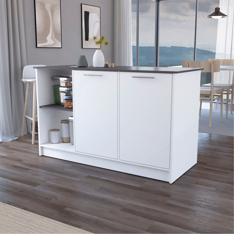 Îlot de cuisine avec comptoir spacieux, armoires à deux portes et 2 tablettes de rangement ouvertes, Gray/White