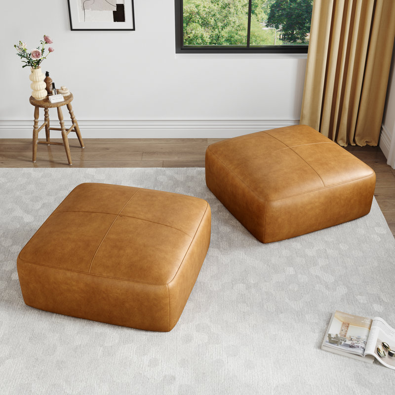 Hustle Square Top-Grain Genuine Italian Leather Ottoman (Set of 2), Brown