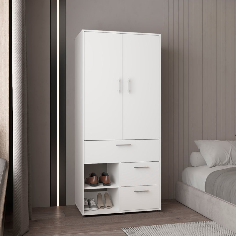 Armoire avec portes doubles, tringle suspendue et tablettes intérieures, garde-robe moderne autoportante