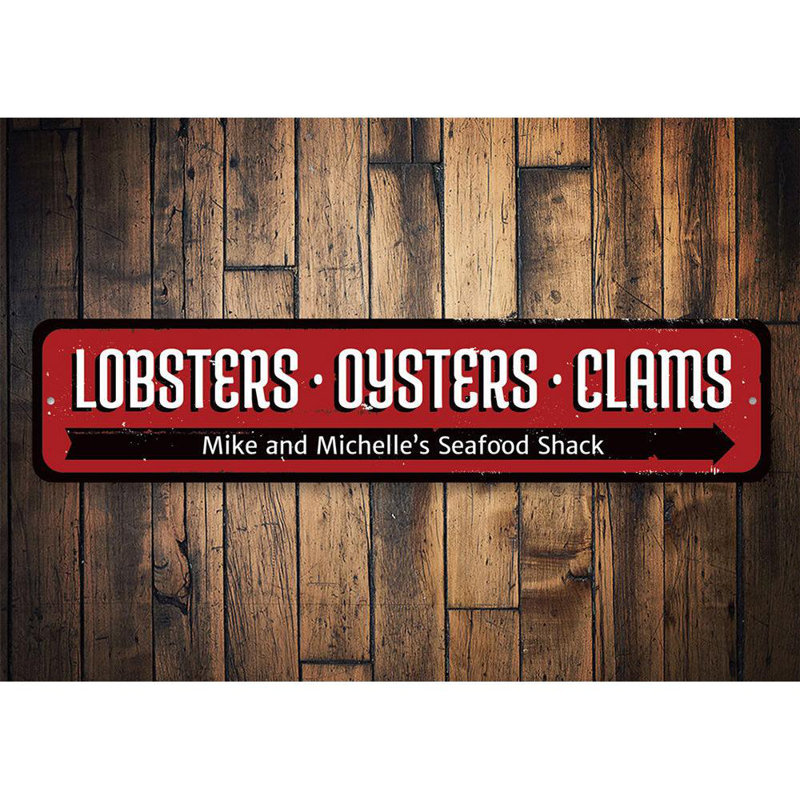 Plaque en aluminium «Lobsters Oysters Clams», H 4 po x l 18 po x P 0,04 po