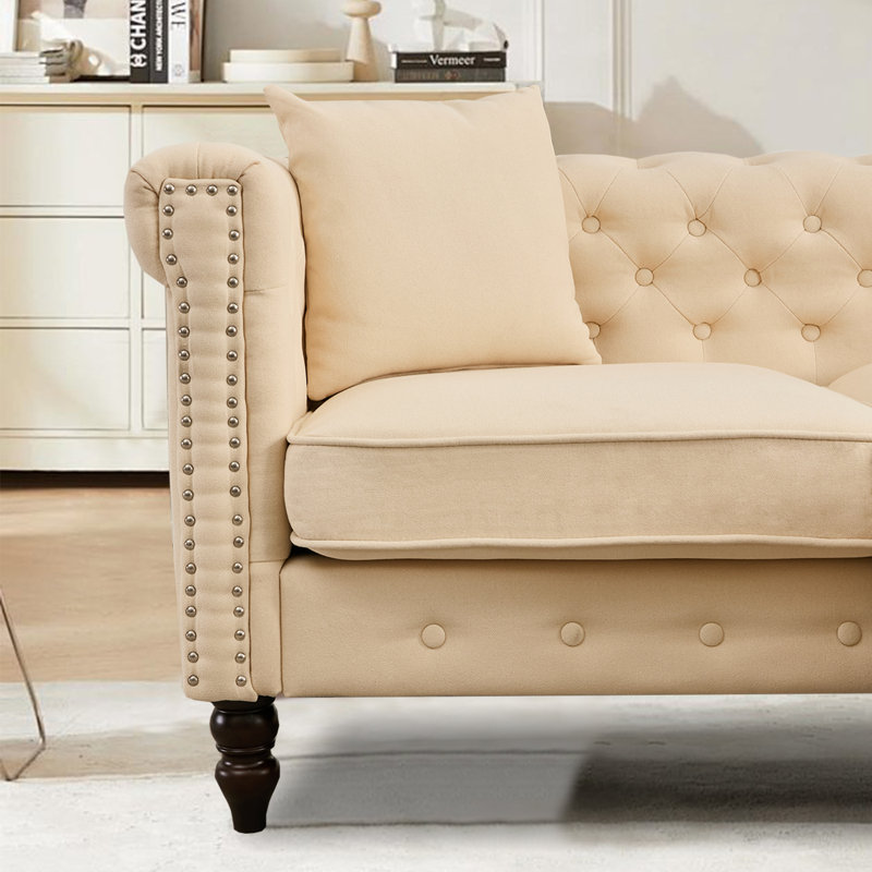 Canapé Chesterfield 62 "rembourré avec repose-pieds, Lin beige