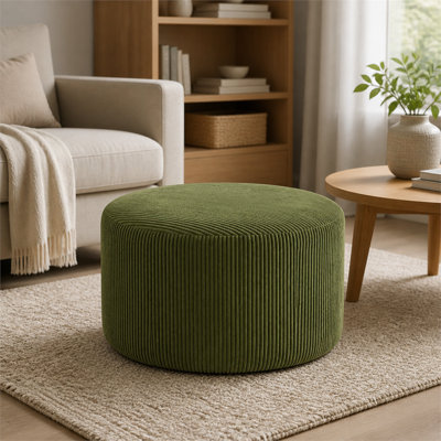 Round Corduroy Ottoman, Olive Green