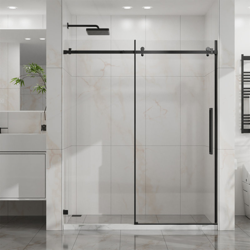 60" W X 72" H Sliding Shower Door, Frameless Sleek Glass Shower Door, 1/4" (6Mm) Thick Tempered Clear Glass With Easy-Clean Coating, Stainless Steel Hardware