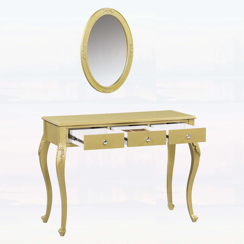Meuble-lavabo de luxe avec miroir ovale, coiffeuse à 3 tiroirs pour bijoux, console élégante pour la décoration intérieure, doré