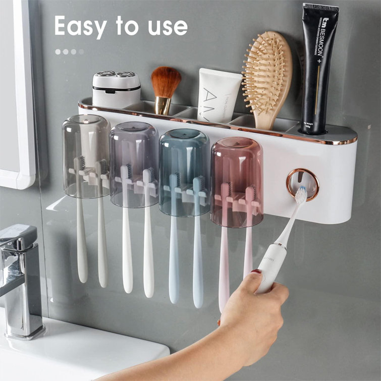 menggutong 2 Piece Automatic Toothbrush Holder with Toothpaste Squeezer Kit  Wall-Mounted, Multifunctional Bathroom Organizer Set