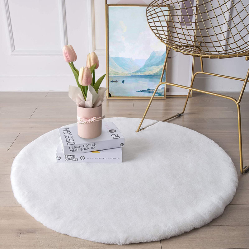 Tapis blanc en fausse fourrure de lapin de luxe blanc, Rond 4 pi