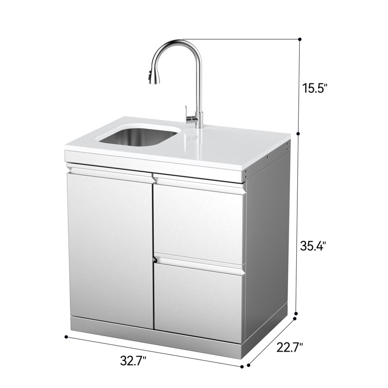 Îlot de cuisine d'extérieur en acier inoxydable avec tiroirs et évier intégré, comptoir en quartz blanc SERA, Argent