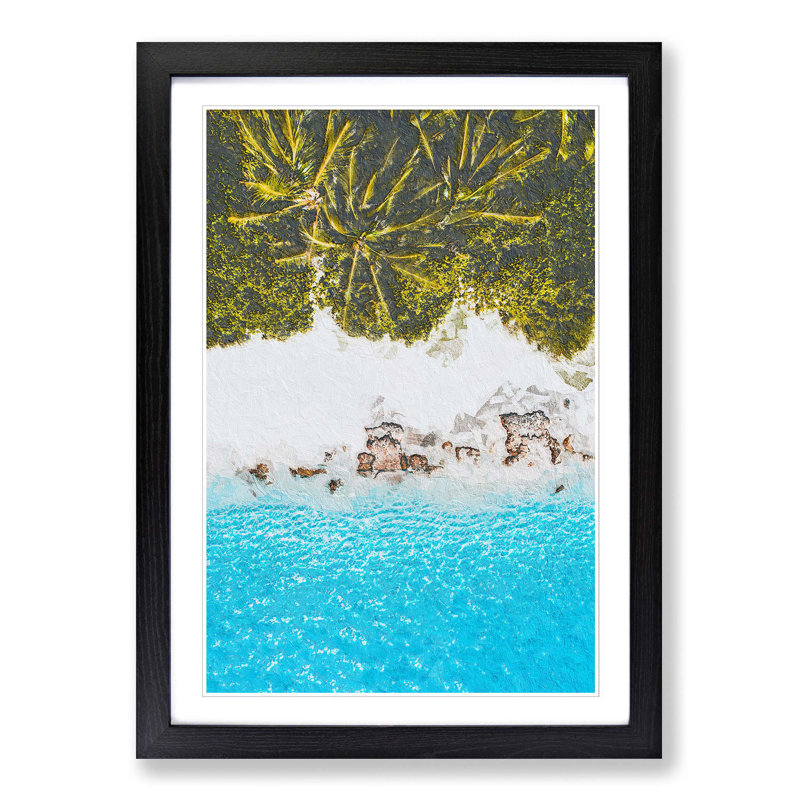 Palm Trees by the Beach in the Maldives - Picture Frame Painting Print on MDF, Black Framed, 36cm H x 27cm W x 2cm D