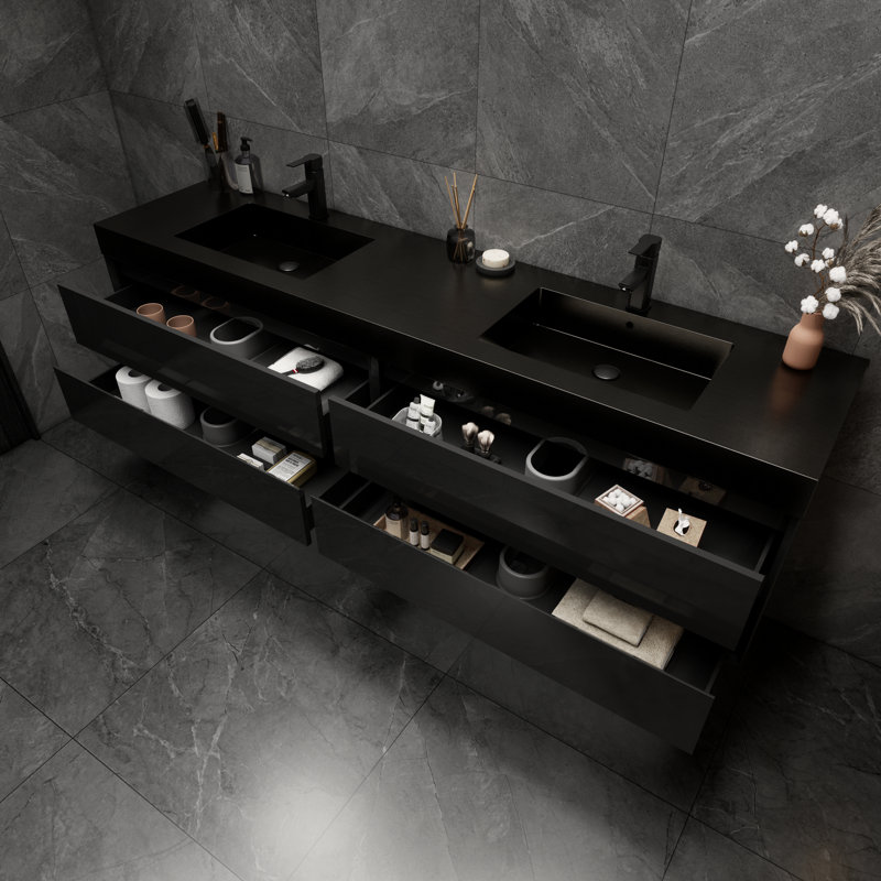 Golitz 83.46 " W Wall Mounted 2 Double Vanity Bathroom Vanity With Stainless Steel Top, Glossy Black