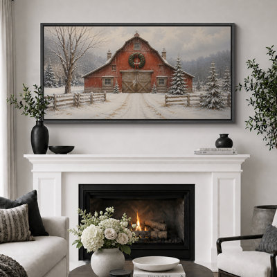 Winter Red Barn Landscape Artwork, Bedroom Pictures, Framed Canvas Giclee Print Wall Art