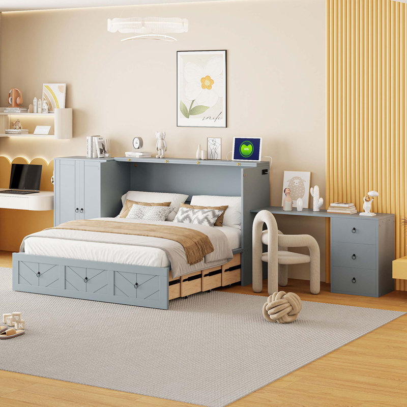 Grand lit escamotable avec port USB, grand tiroir et armoire / bureau - Lit armoire polyvalent, Gris