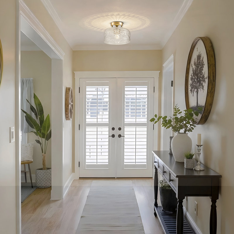Vintage 1-Light Semi-Flush Ceiling Light In Gold With Embossed Floral Glass Shade, Perfect For Hallway Or Bedroom