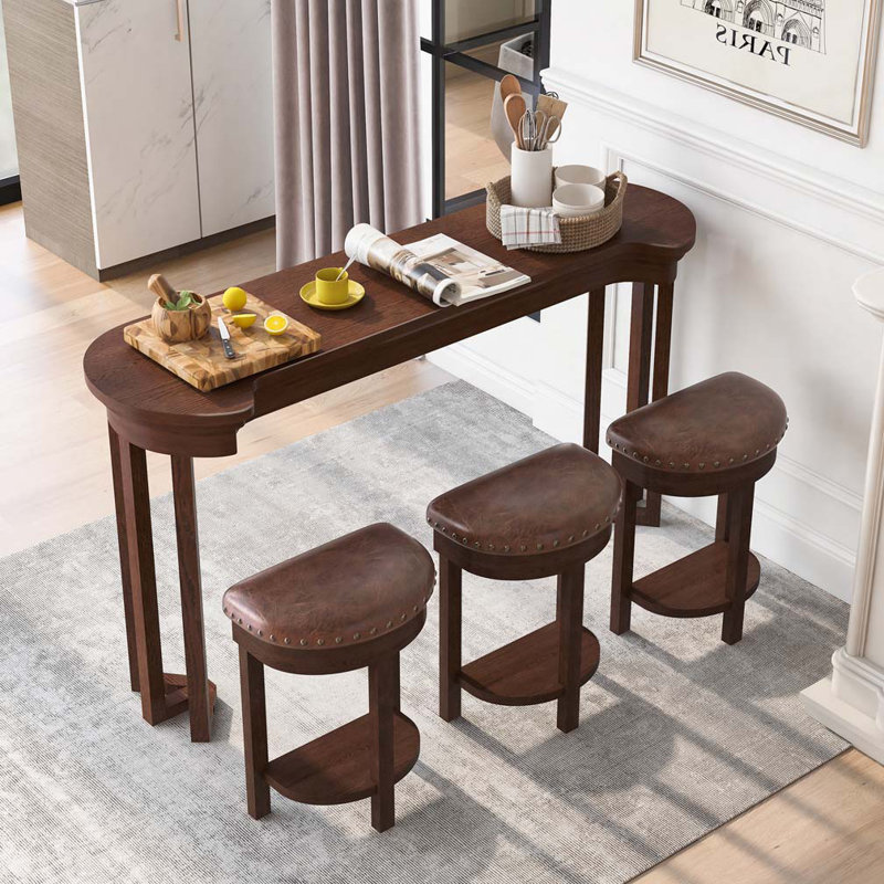 Ensemble de 4 tables de bar avec 3 tabourets de bar rembourrés en polyuréthane, Cerisier / Brun