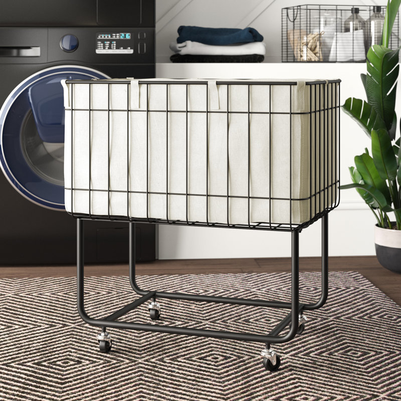 Black Metal Deep Set Wire Basket Mobile Storage Cart with Wheels and Fabric Lining, 24" x 16" x 26"