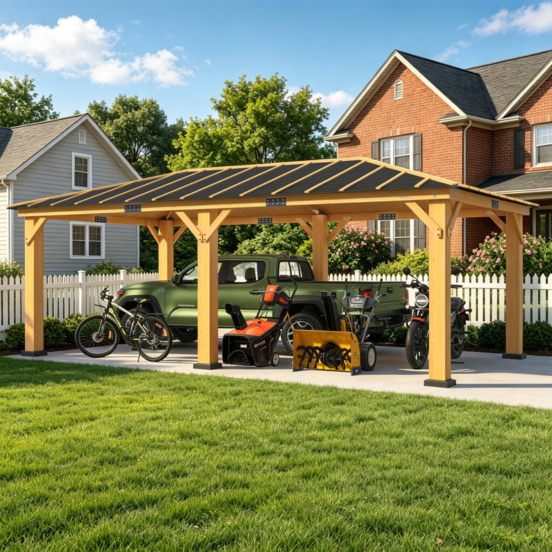 16 Ft. W x 12 Ft. D  Wood Carport with Asphalt Roof, Hardtop Carport with Solid Wood Frame, Heavy-Duty Vehicle Shelter for Cars, SUVs & Outdoor Storage