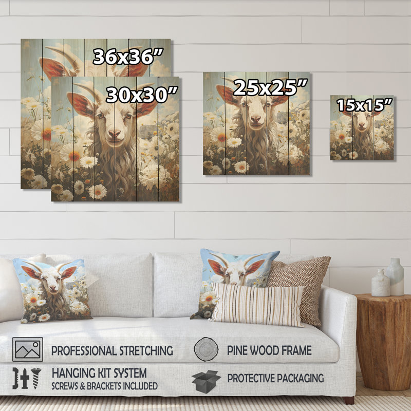 Brown Goat Farm Meadow II - Goat Animal On Wood Print, 15" H x 15" W