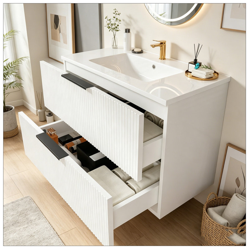Meuble-lavabo de salle de bain avec lavabo et tiroirs en céramique, Matte White