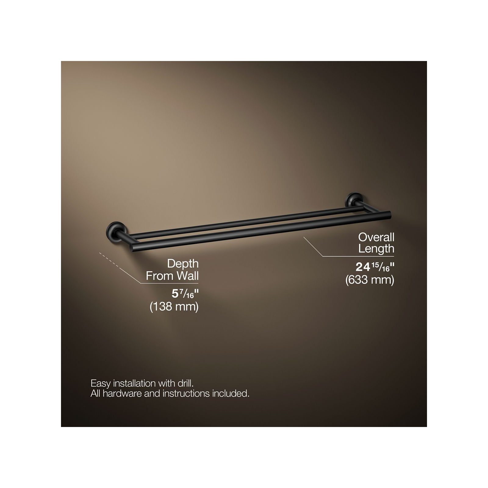 Purist Double 24" Wall Mounted Towel Bar, Matte Black