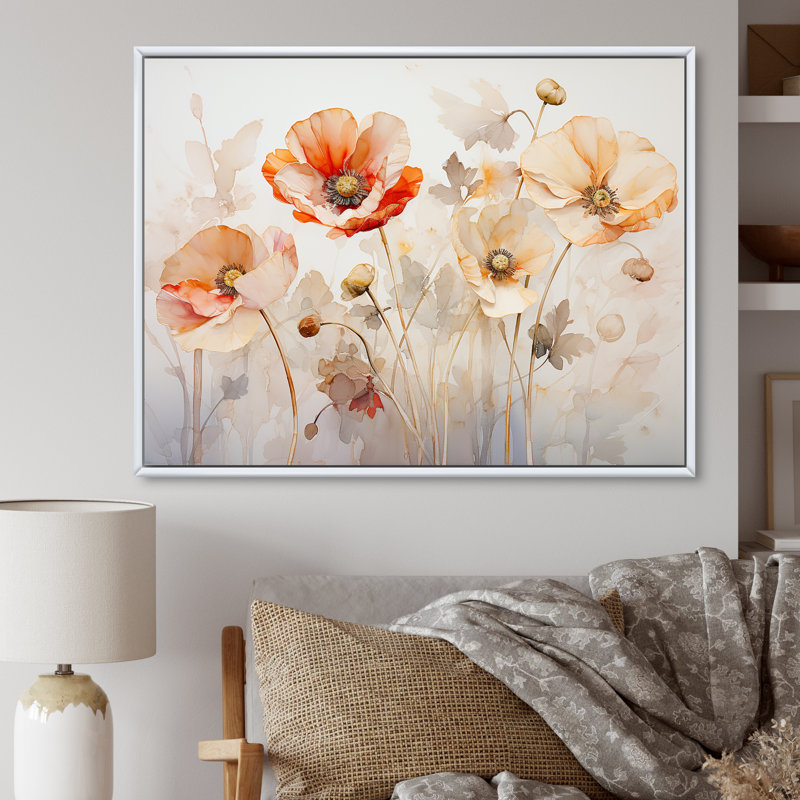 Beige, coquelicot, pré, mélodie IV, Cadre flottant blanc, H 12 po x l 20 po x P 1 po