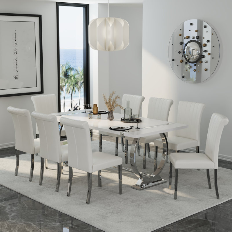 9 Piece Modern White And Silver Dining Table Set With 8 White Leather Dining Chairs, 9 Pieces: Table, 8 Chairs, White, Silver