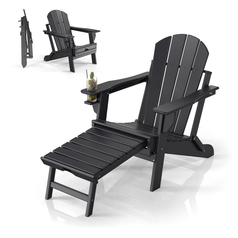 Patio HDPE Folding Adirondack Chair With Hidden Footrests, Black