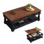 Table basse rétro espresso et noir patiné, conception à plateau relevable avec compartiment caché et tablette inférieure, table de rangement multifonctionnelle pour le salon
