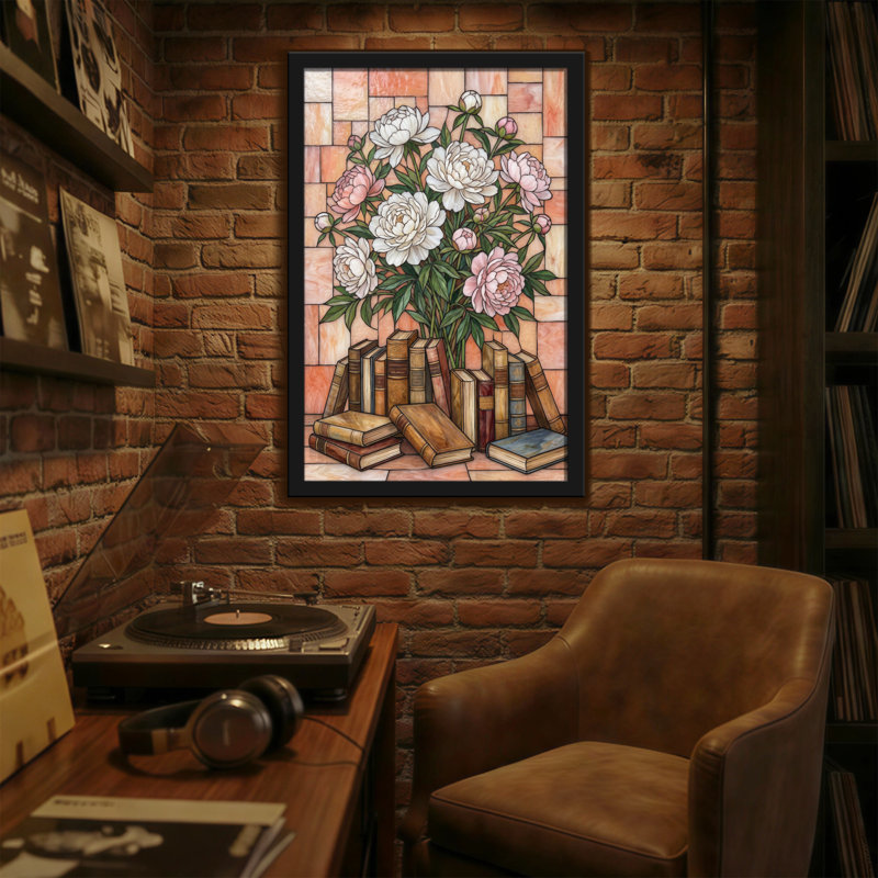 Plantes et fleurs, pivoines, livres, brique, fond d'art mural, H 18 po x l 12 po