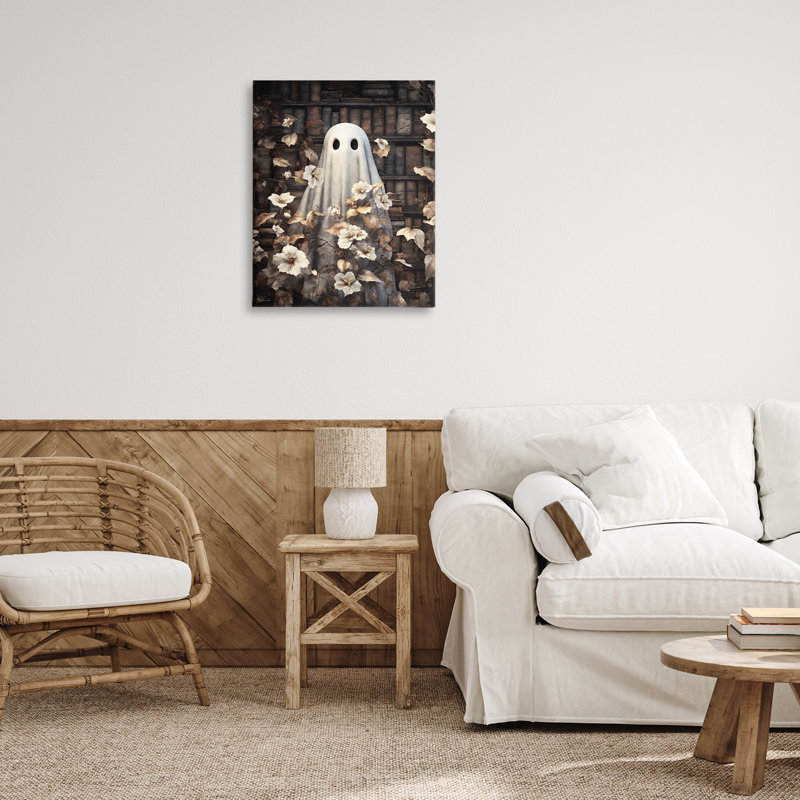 Art mural sur toile Bookish Ghost & Flowers, design par Jo Moulton, H 30 po x l 24 po
