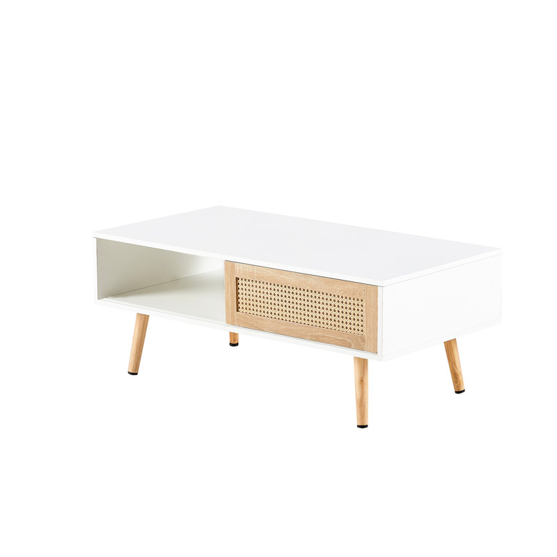 42.51" Coffee Table With Solid Wood Legs, White, For Living Area Function Woven Door, White