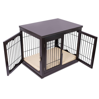 Meuble cage en bois pour chien avec coussin - Niche pour chien moyen de 81 cm avec double porte - Table d'appoint décorative d'intérieur pour petits et moyens animaux de compagnie (Espresso)