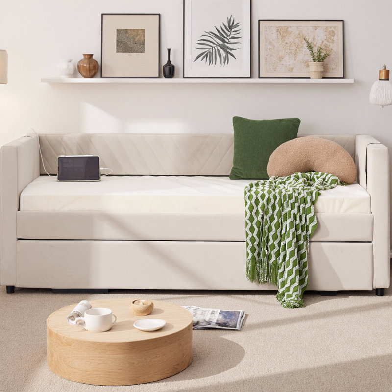 Twin Size Upholstered Daybed with Trundle & USB Port, Modern Velvet Bed with V-Grained Backrest and Side Pockets, No Box Spring Needed for Bedroom