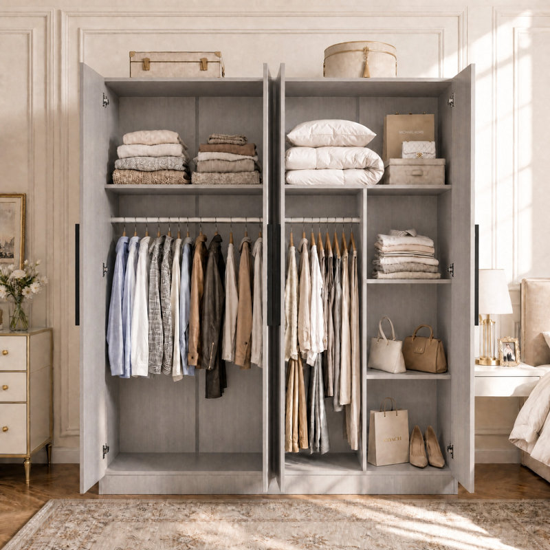 63" W 4-Door Wardrobe Armoire with 2 Hanging Rods, 5 Interior Shelves and 2 Upper Storage Compartments, Gray/Black