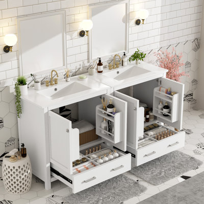 60" White Bathroom Vanity Set With Double Separate Vanities, Double Ceramic Sinks, Storage Shelf & Divided Drawers (mirror Not Included)