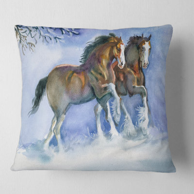 Horses Running In Winter - Farmhouse Printed Throw Pillow