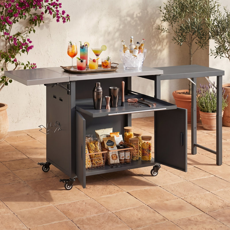 Cuisine extérieure pliable avec dessus de table en acier inoxydable, armoire, support à déchets et roues verrouillables, Gris