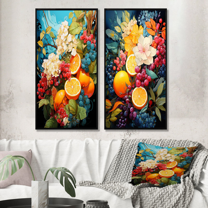 «Garden Colors Fruit Harmony» - ensemble de 2 reproductions d'art mural fruits, Cadre noir, H 32 po x l 33 po