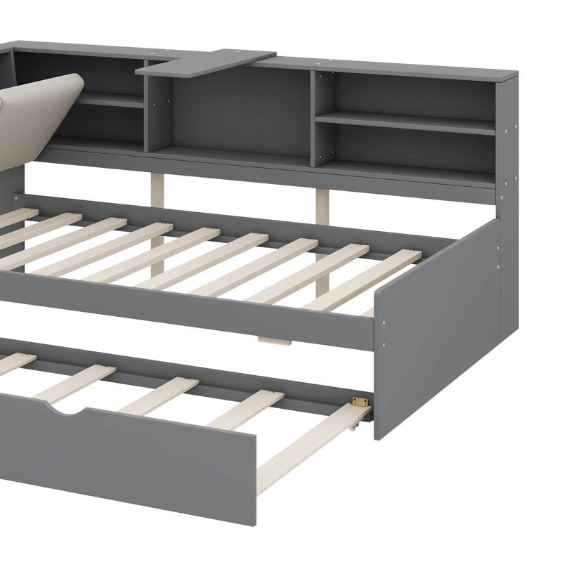 Lit plateforme fonctionnel avec étagères gigognes coulissantes et tête de lit avec rangement, Gris