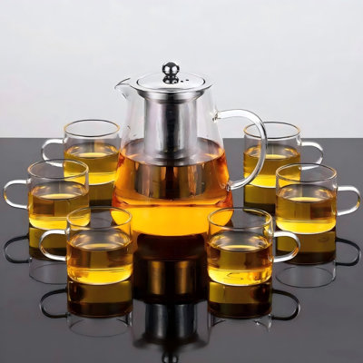Ensemble de théière en verre avec six tasses à thé avec crépines amovibles, un ensemble de thé de 7 pièces, un ensemble de théière et de tasses à motif floral et en vrac, et une théière épaisse et résistante à la chaleur