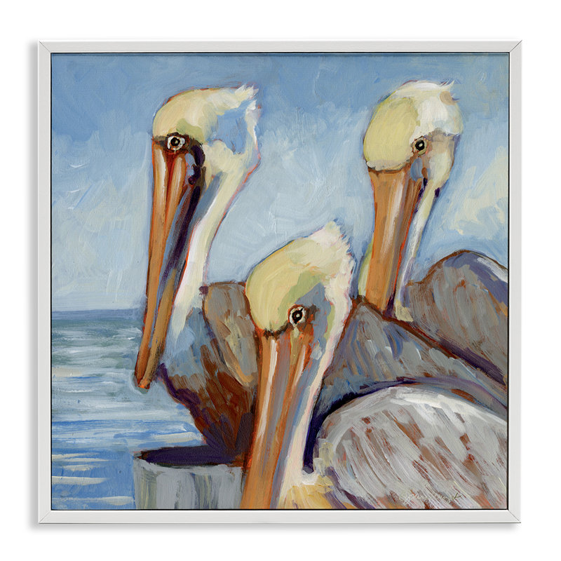 «Nautical Pelican Trio», estampe numérique de Susan Winget, H 12 po x l 12 po, Estampe numérique encadrée blanc bord de mer