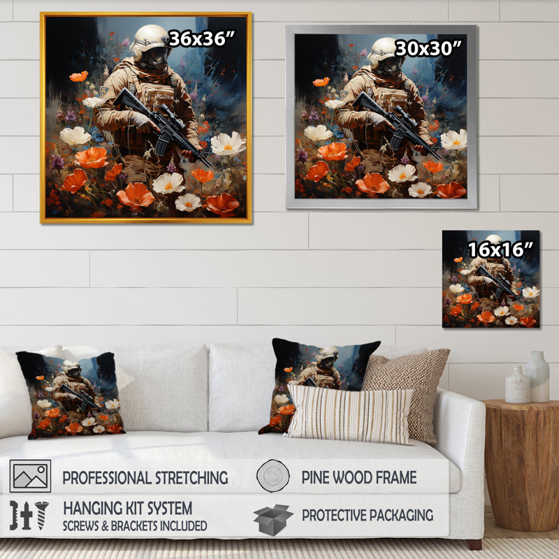 Guerre militaire dans les tranchées - impression d'art mural militaire, Cadre flottant doré, 30" H x 30" W