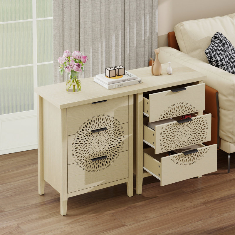 Commode de rangement à 3 tiroirs creux pour décoration de chambre à coucher, couleur naturelle, design moderne, motif exquis, glissières lisses, armoire à poignées en métal confortable et rangement pour le salon, style,