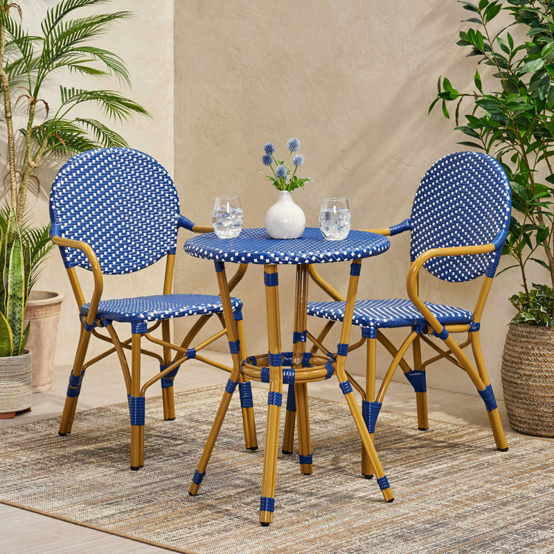 Ensemble d'extérieur en rotin PE et aluminium 3 pièces, bleu sarcelle foncé et blanc, finition bambou