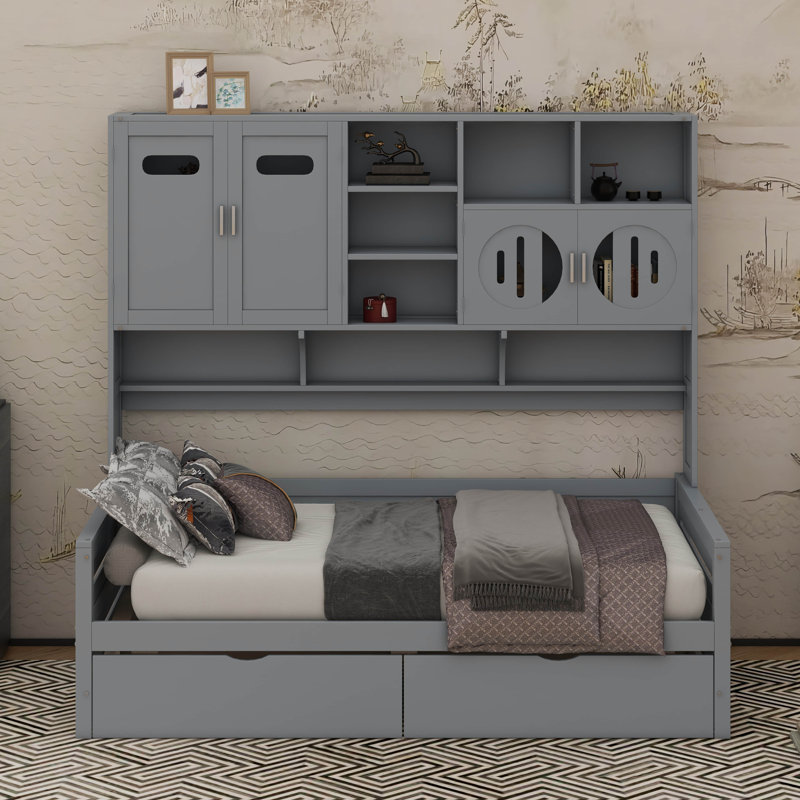 Lit de jour en bois avec armoire à 2 tiroirs et tablettes, Gris, Lit simple